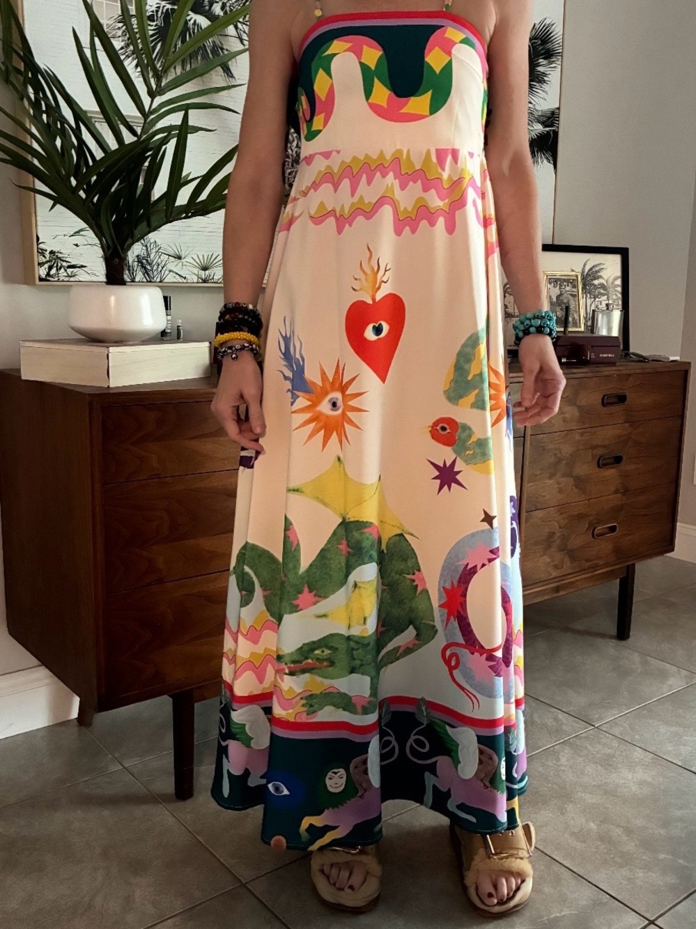 Strapless Multicolor Graphic Maxi Dress